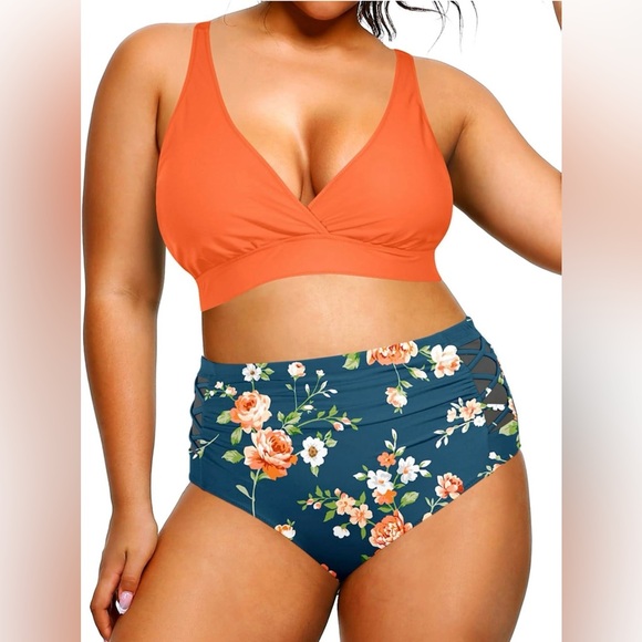 Yonique Womens Plus Size Bikini High Waisted Swimsuits Two Piece Floral - Picture 4 of 9